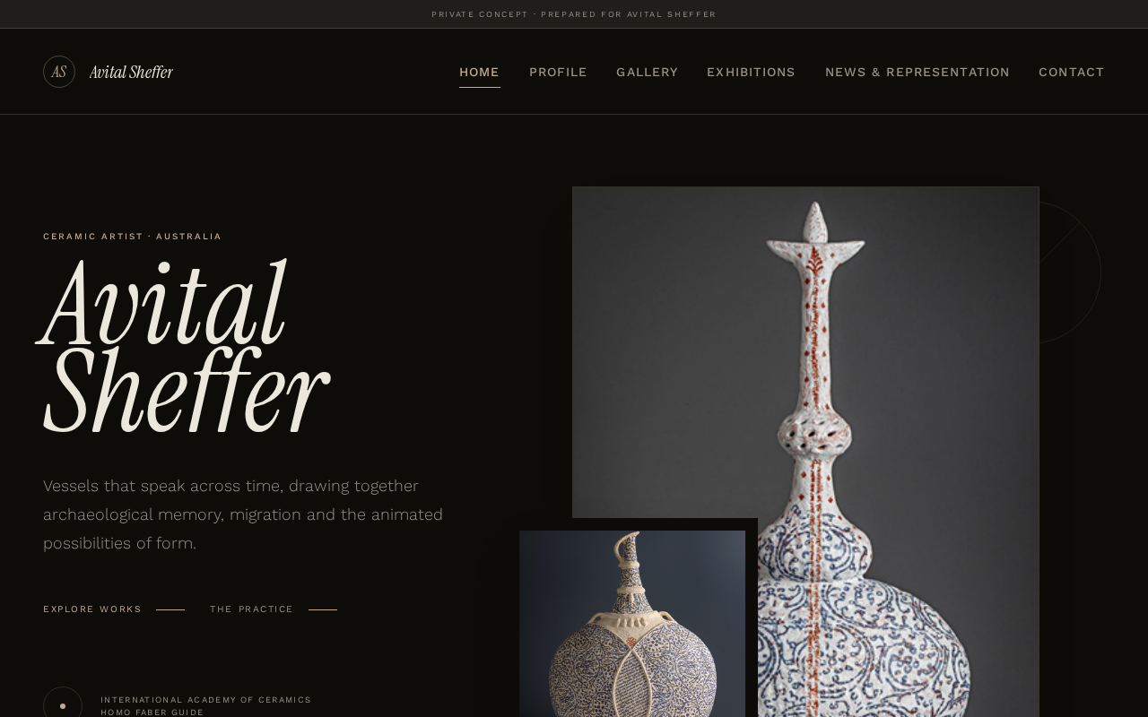 Ceramic artist portfolio concept desktop website view