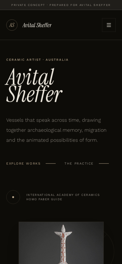 Ceramic artist portfolio concept mobile website view